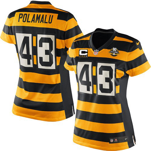 Women's Elite Troy Polamalu 80th Anniversary Nike Jersey Gold/Black Alternate - #43 Throwback NFL Pittsburgh Steelers